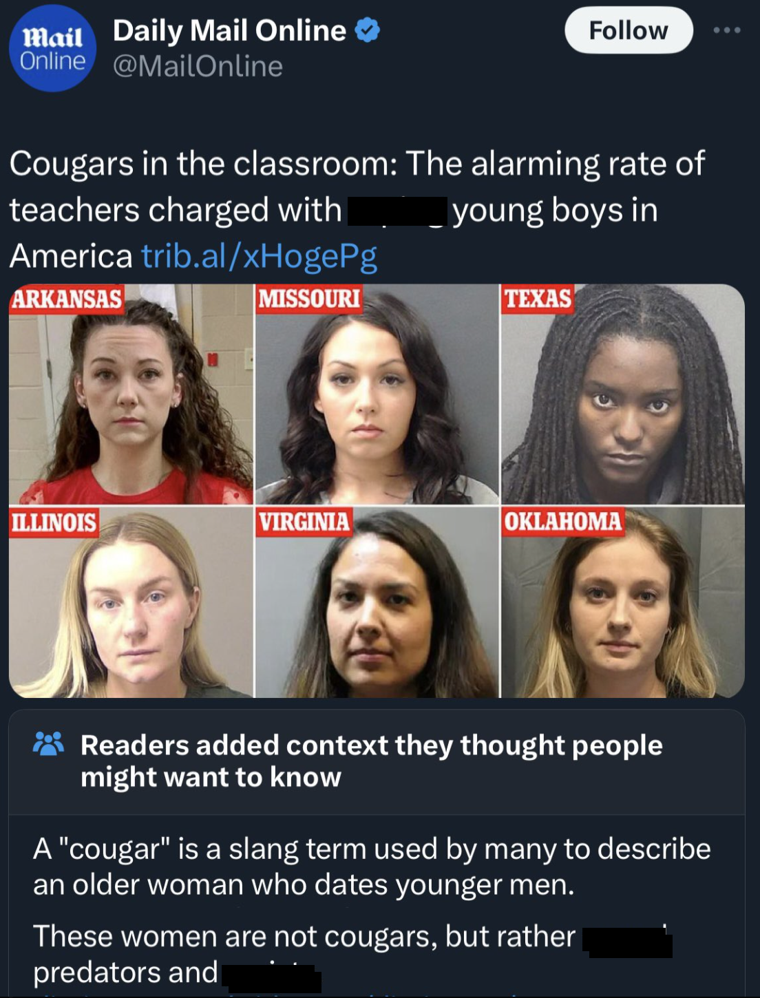 community notes violating people - Mail Daily Mail Online Online Cougars in the classroom The alarming rate of teachers charged with America trib.alxHogePg Arkansas Missouri young boys in Texas Illinois Virginia Oklahoma Readers added context they thought